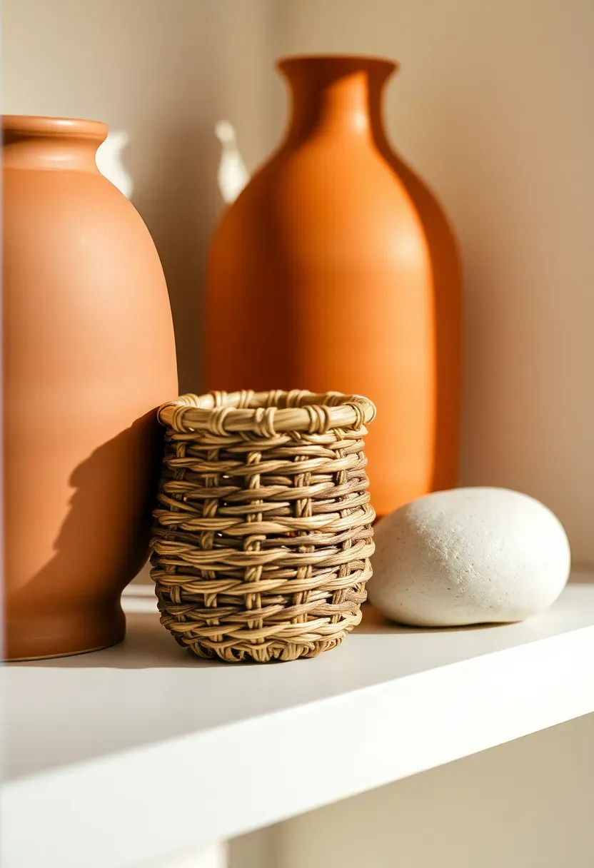 Detail shot of a shelf grouping — matte terracotta ceramic beside a small woven rattan basket beside a smooth white stone, different textures contrasting warmly in soft morning window light, 2:3 portrait