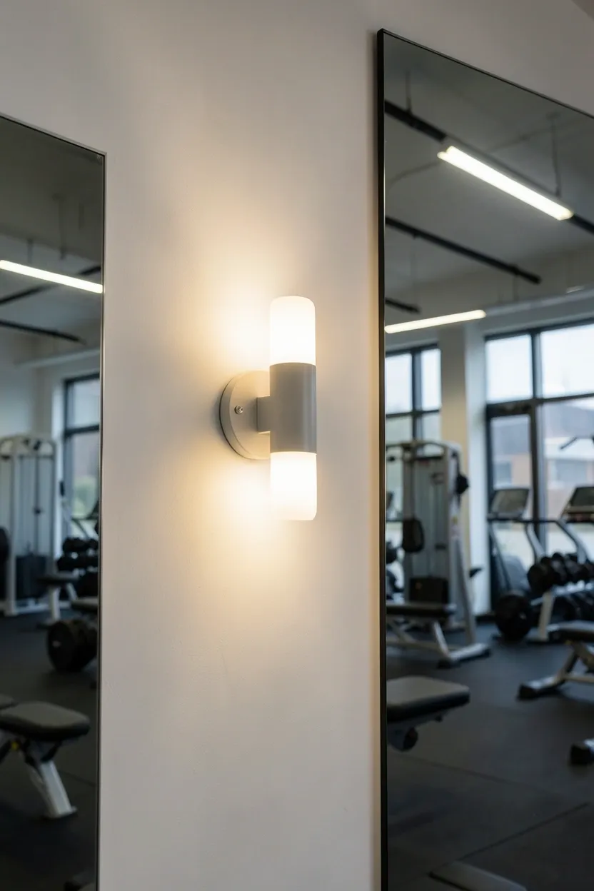 Minimalist gym room with a single framed mirror and two simple sconce lights creating a clean renter-friendly workout space