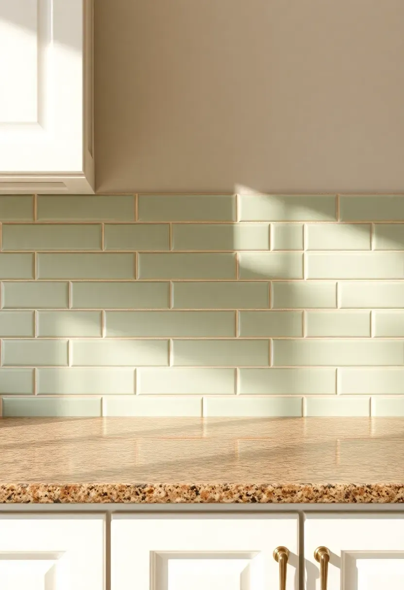 sage green ceramic tile backsplash in matte finish above fantasy brown granite countertops and white shaker cabinets