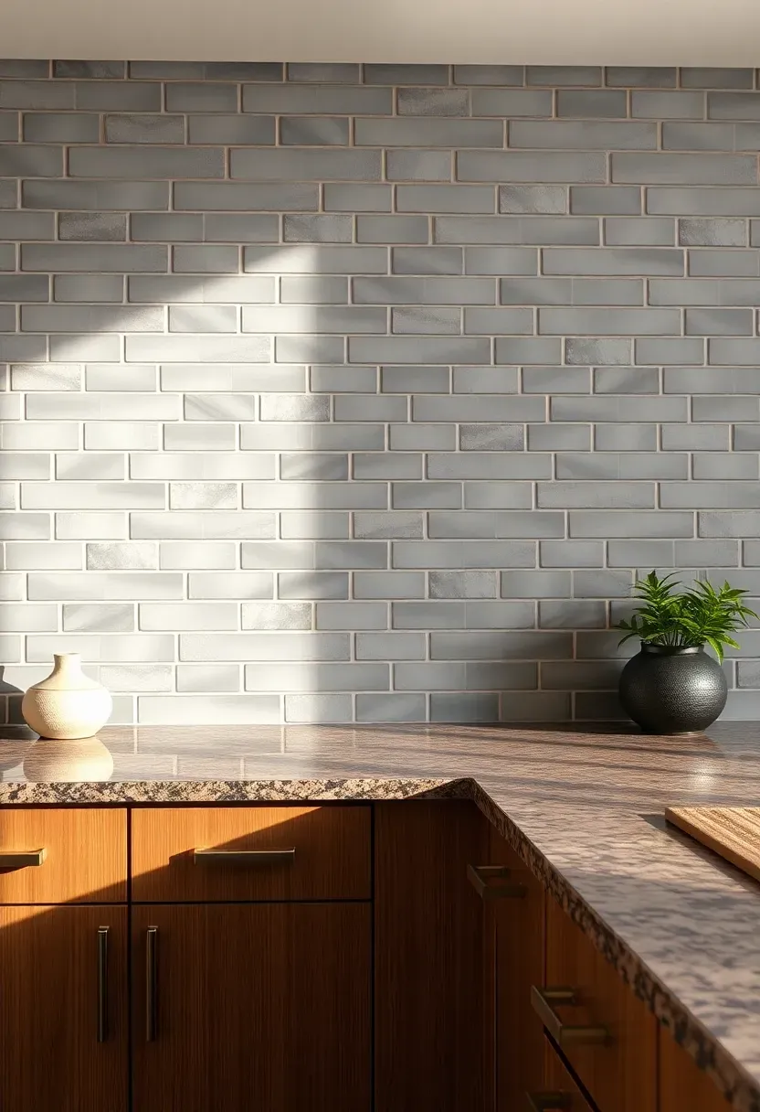 slate gray brick pattern tile backsplash with fantasy brown granite countertops and medium wood cabinet finish