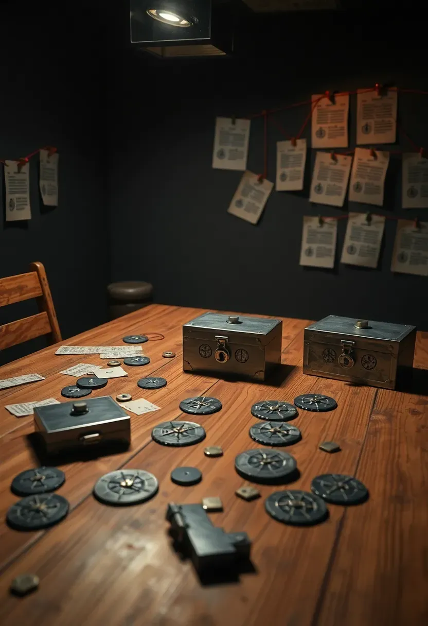 basement escape room with puzzles on a table, locked boxes, clue cards on the wall, and moody dim lighting