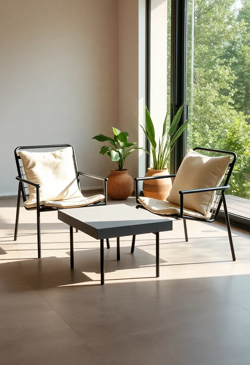 Pair of minimalist black steel-frame chairs with cream cushions arranged around a small concrete coffee table in a sunroom