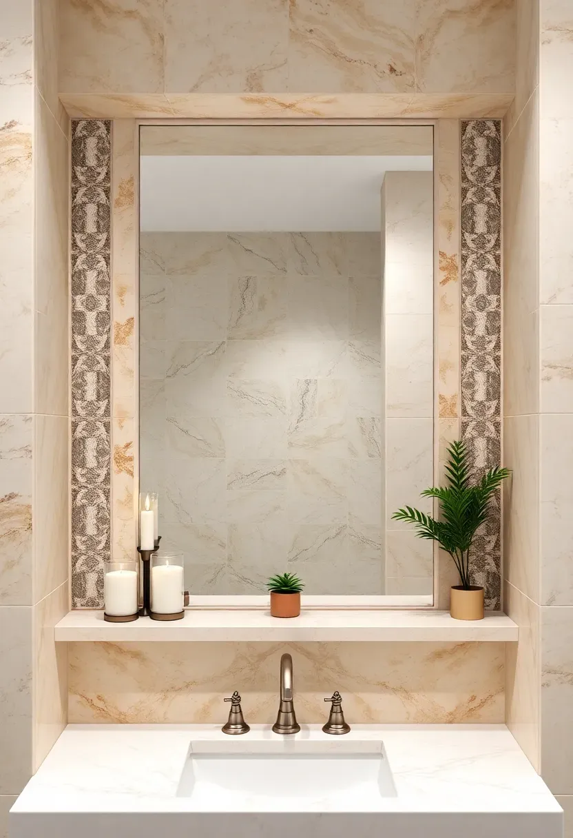Bathroom mirror set into a recessed niche between two columns of decorative stone tile, creating a built-in framed effect with side ledges for candles