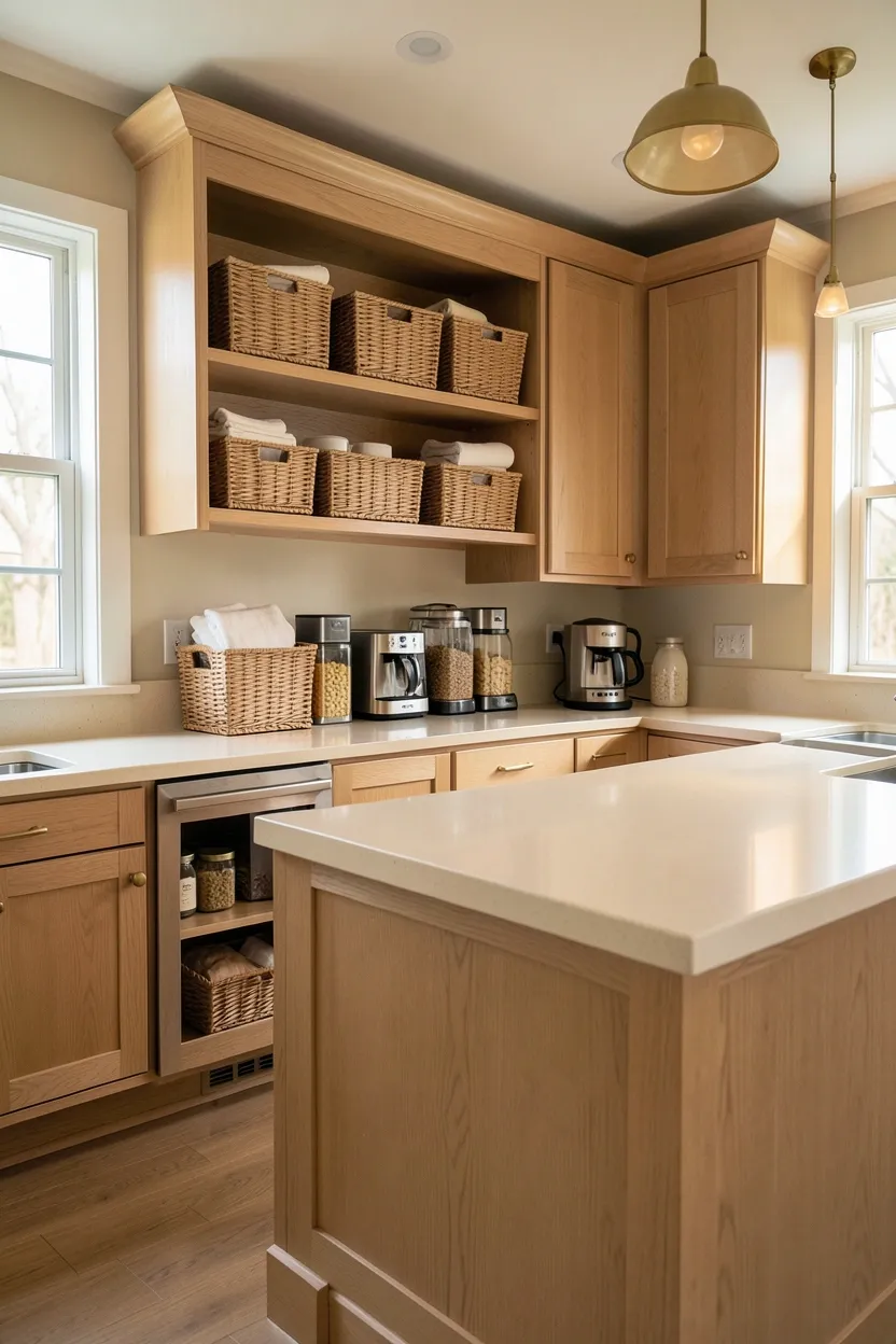 Hyper-realistic wide shot of a fall kitchen with open basket storage. Floating light oak shelves display woven natural rattan baskets in warm tan and cream tones. Baskets contain neatly folded dish towels, organized small appliances, and pantry staples. Light oak shaker cabinetry throughout. Large island in same oak with waterfall edge. Warm cream quartz countertop. Brass hardware. Warm ambient lighting. Natural light from windows. Clean surfaces. No text, no logos, no watermarks.</p>