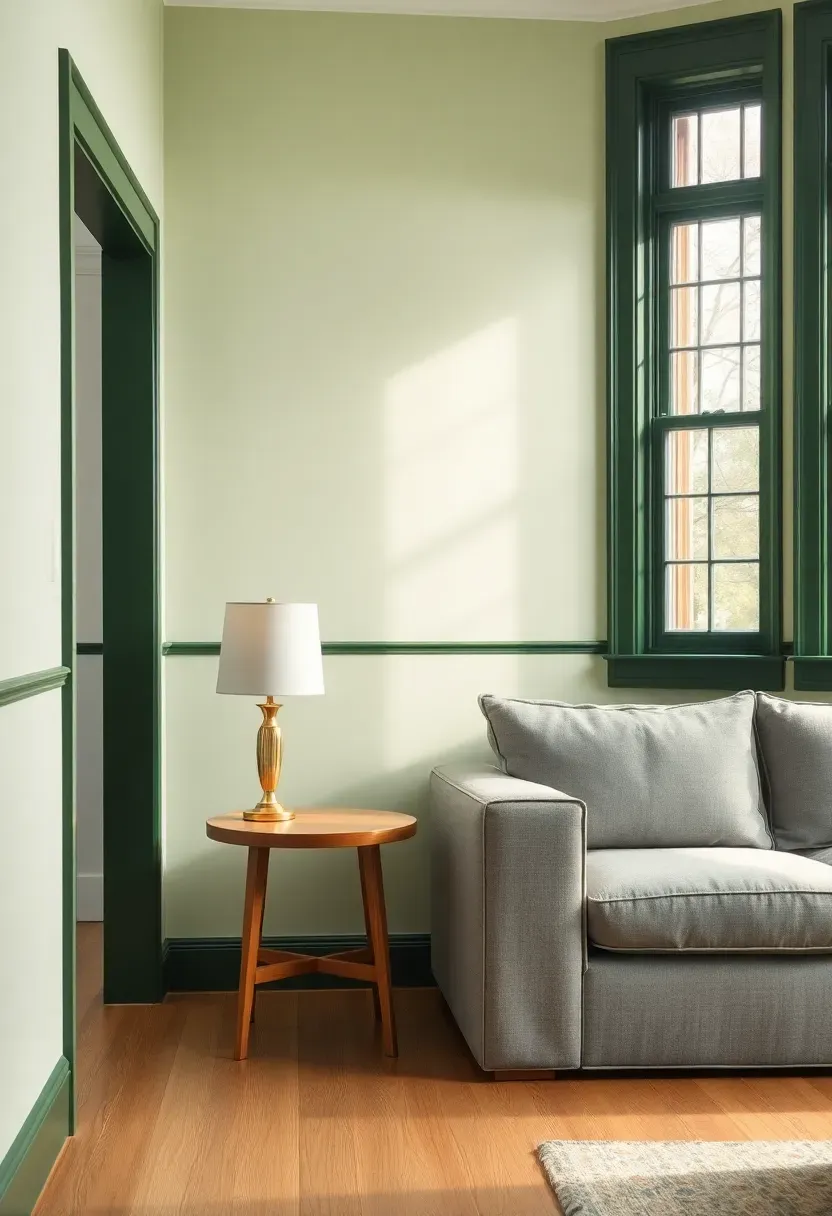 Hyper-realistic view of living room with pale sage green walls and dark forest green trim on baseboards, door casings, and window frames, featuring light gray sofa and oak side table. Materials: flat sage wall paint, satin forest green trim paint creating crisp contrast, light oak flooring, gray linen upholstery, brass lamp. Natural daylight streaming through dark green-trimmed windows creating subtle shadows on sage walls, visible corner showing two walls with consistent trim treatment. Sharp architectural detail focus, no text or logos.</p>