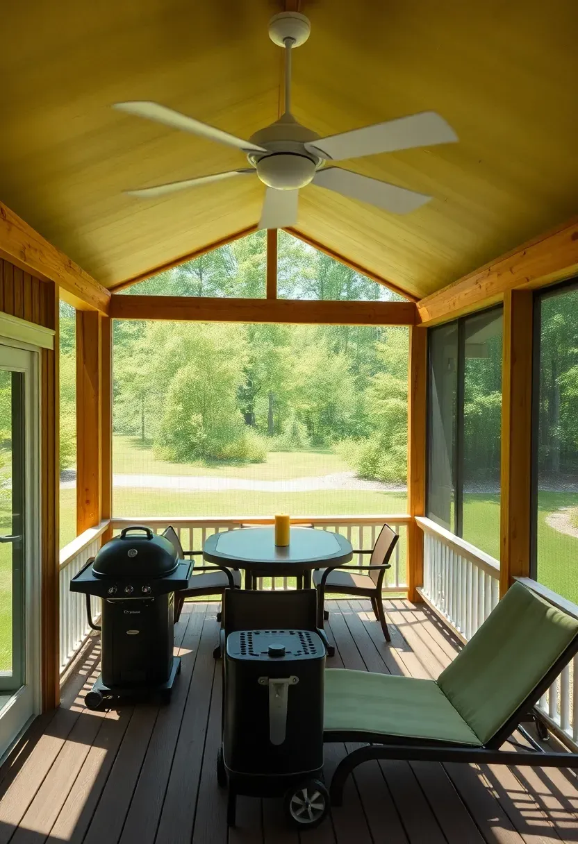 Screened-in upper deck room with mesh panels and a ceiling fan attached to a house with an open lower deck below for sunning and grilling