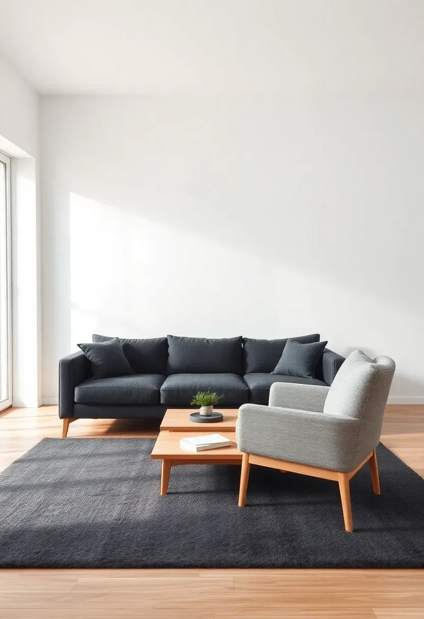 Hyper-realistic 3/4 view of minimalist living room with charcoal gray sofa and lighter dove gray accent chair, white walls, light wood coffee table, dark gray area rug under seating group. Materials: smooth charcoal fabric, textured dove gray fabric, light oak wood, plush gray rug. Balanced natural light (5000K), soft shadows, tonal depth atmosphere. Sophisticated minimalist mood, shallow depth of field, sharp details showing contrast between two gray tones, cohesive palette, no clutter, no text, no logos.</p>