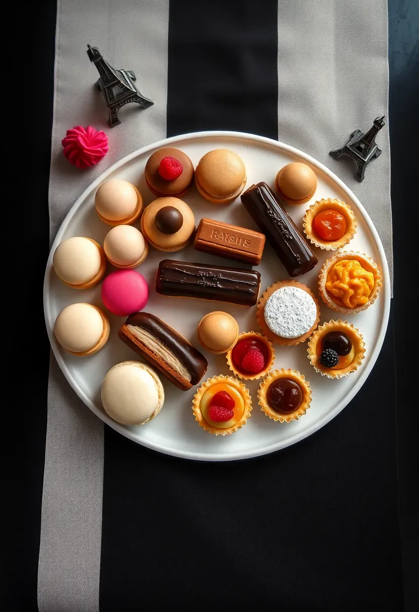 Midnight in Paris themed dessert board with French pastries and elegant Parisian-style treats