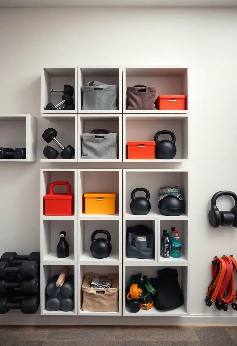 Modular cube storage wall in a home gym with open cubbies holding dumbbells, kettlebells, and fabric bins for accessories