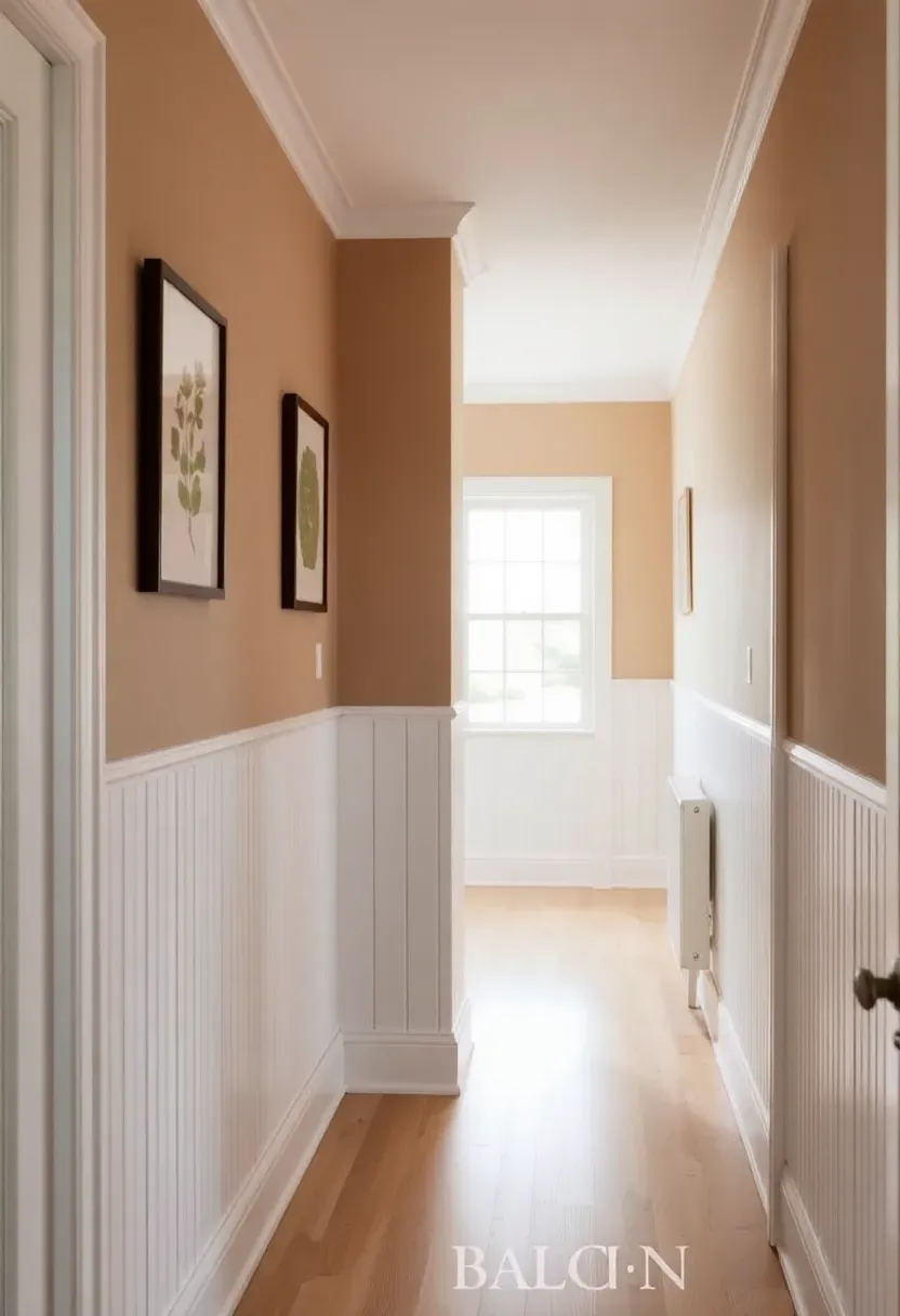 Hallway with white board-and-batten wainscoting covering the lower third of the wall, topped with a warm greige paint above and simple framed art