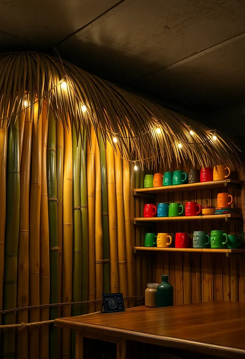 Tropical tiki bar in a basement with bamboo pole front, thatched palm roof overhang, colorful tiki mugs, and string lights draped above