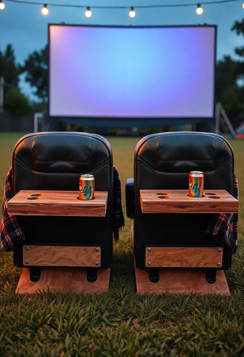 Salvaged car bench seats arranged on a backyard lawn facing a movie screen, with cup holders and blankets on each seat giving a drive-in theater feel