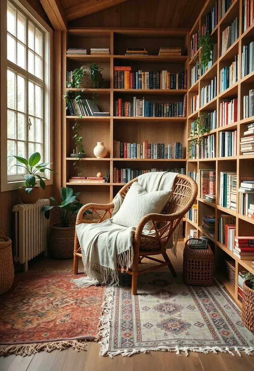 Bohemian she shed reading nook with rattan armchair, layered kilim rugs, floor-to-ceiling bookshelves, and macramé throw in terracotta and cream tones