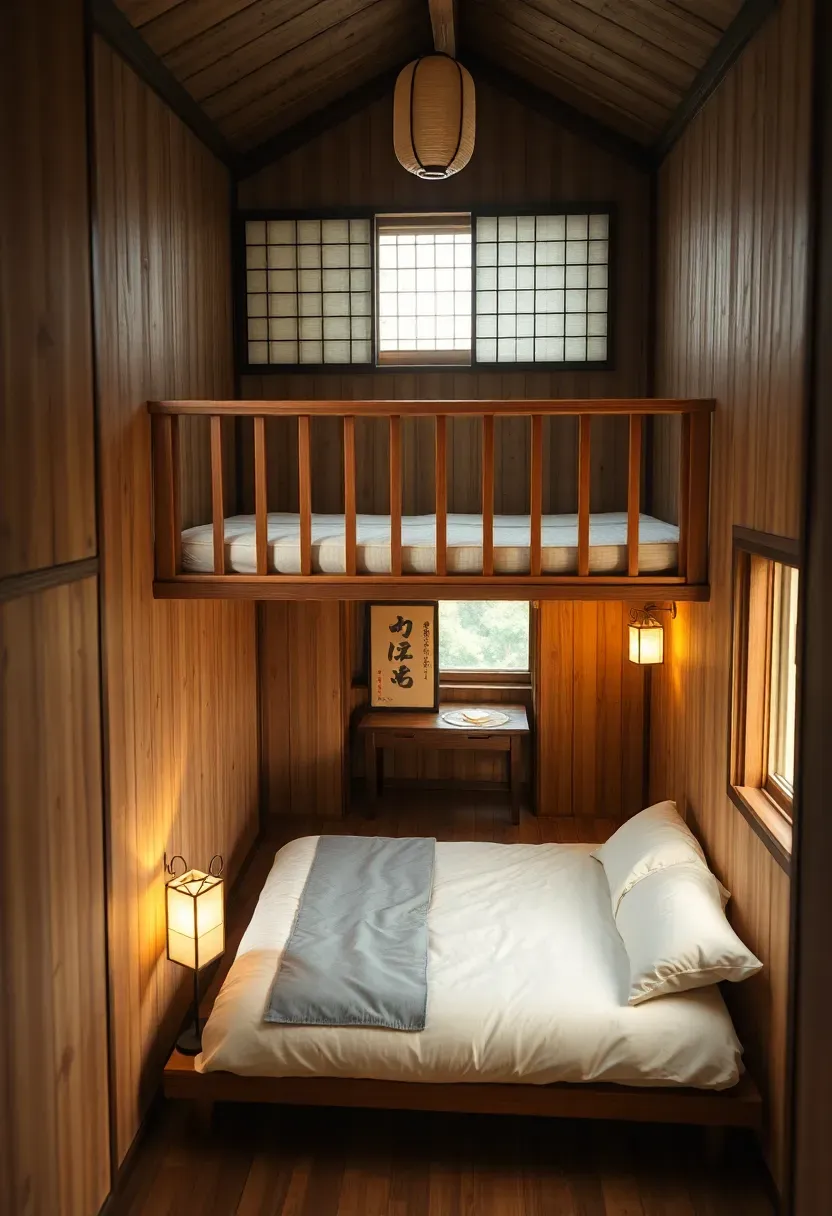 Hyper-realistic view from Japanese tiny house loft sleeping area. Low platform bed (12 inches high) with simple linens, shoji screen railing overlooking main living space below. Loft features tatami flooring, paper lantern, small tokonoma with scroll. Below: tatami room with low table visible through railing. Materials: wood throughout, cream bedding, white paper surfaces. Warm ambient light from lantern and window, creating cozy sleeping nook atmosphere. Shallow depth of field showing bedding texture and railing details. Serene Japanese loft bedroom mood.</p>