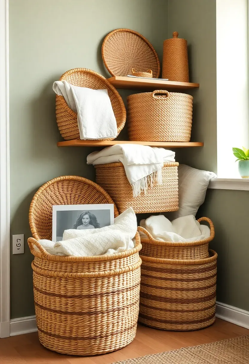 Handwoven seagrass baskets hiding clutter and adding boho texture in a minimalist rental living room