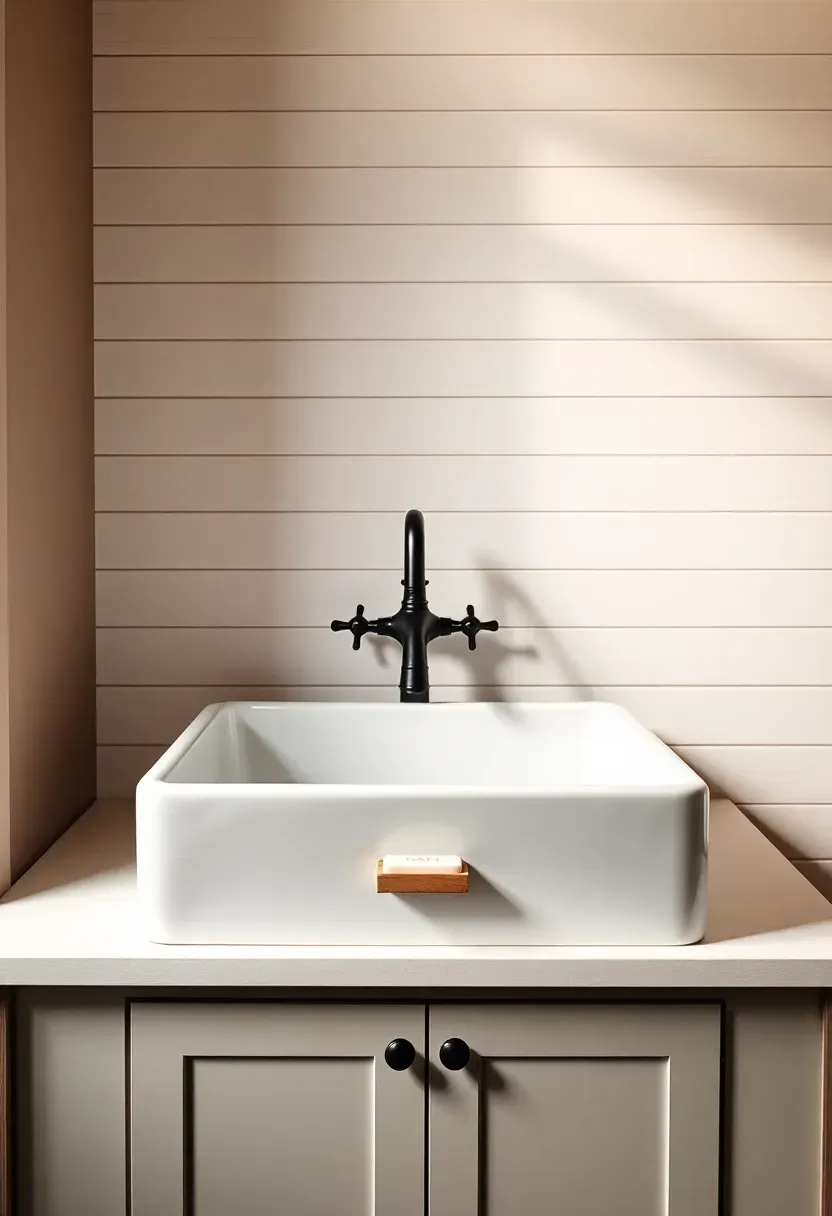 White farmhouse apron-front sink installed in a bathroom vanity with shiplap wall background