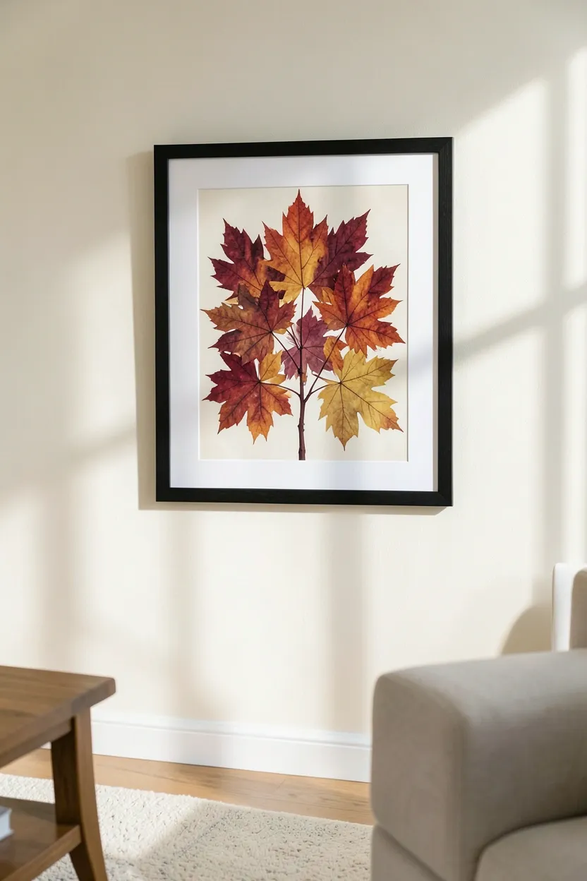 Hyper-realistic eye-level photograph of framed autumn botanical print hanging on cream living room wall. Print shows detailed watercolor-style illustration of maple leaves in burgundy, orange, and gold tones. Simple black wood frame with white matting. Soft morning light from window creates gentle shadow on wall around frame. Part of wooden furniture and rug visible in foreground. Natural sophisticated mood. Sharp print details and frame texture, shallow depth of field, balanced composition. No text, no logos, no watermarks.