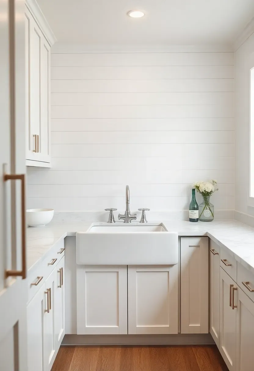 farmhouse style basement wet bar with white shaker cabinets an apron front fireclay sink and shiplap backsplash