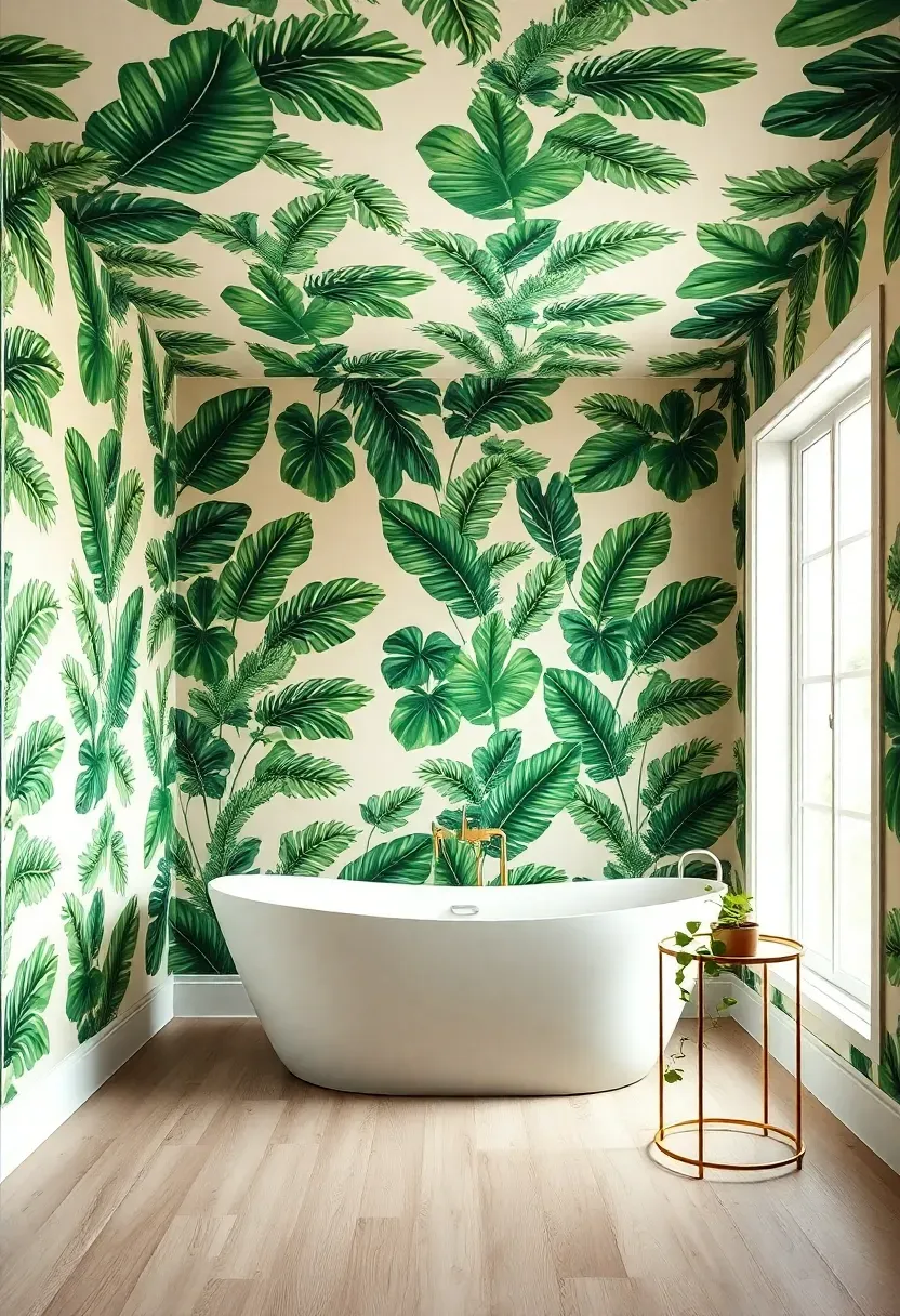 Bathroom ceiling covered in tropical botanical wallpaper with green palm leaves overhead a white freestanding tub