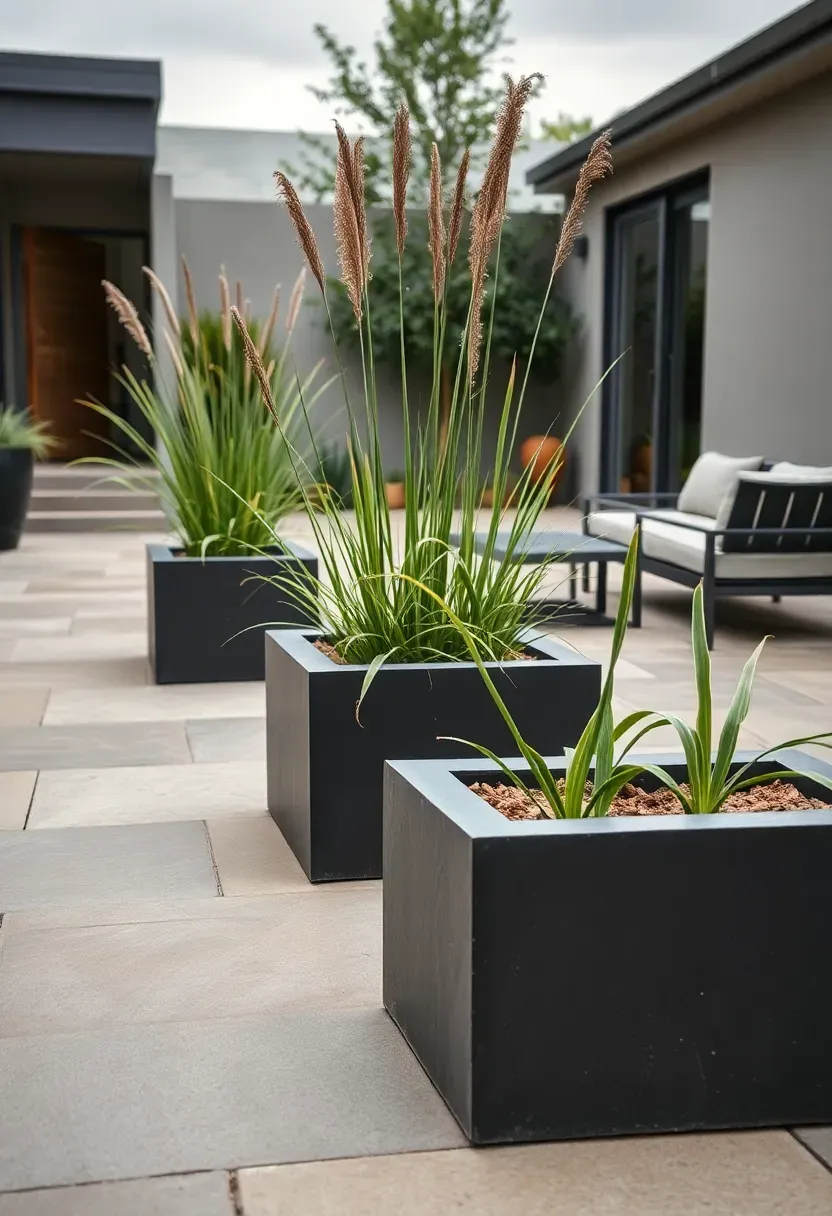Modern concrete patio with geometric planters