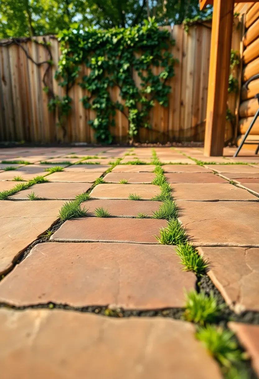 Irregular flagstone slabs with narrow ribbons of bright green grass growing between them on a backyard patio near a wooden fence