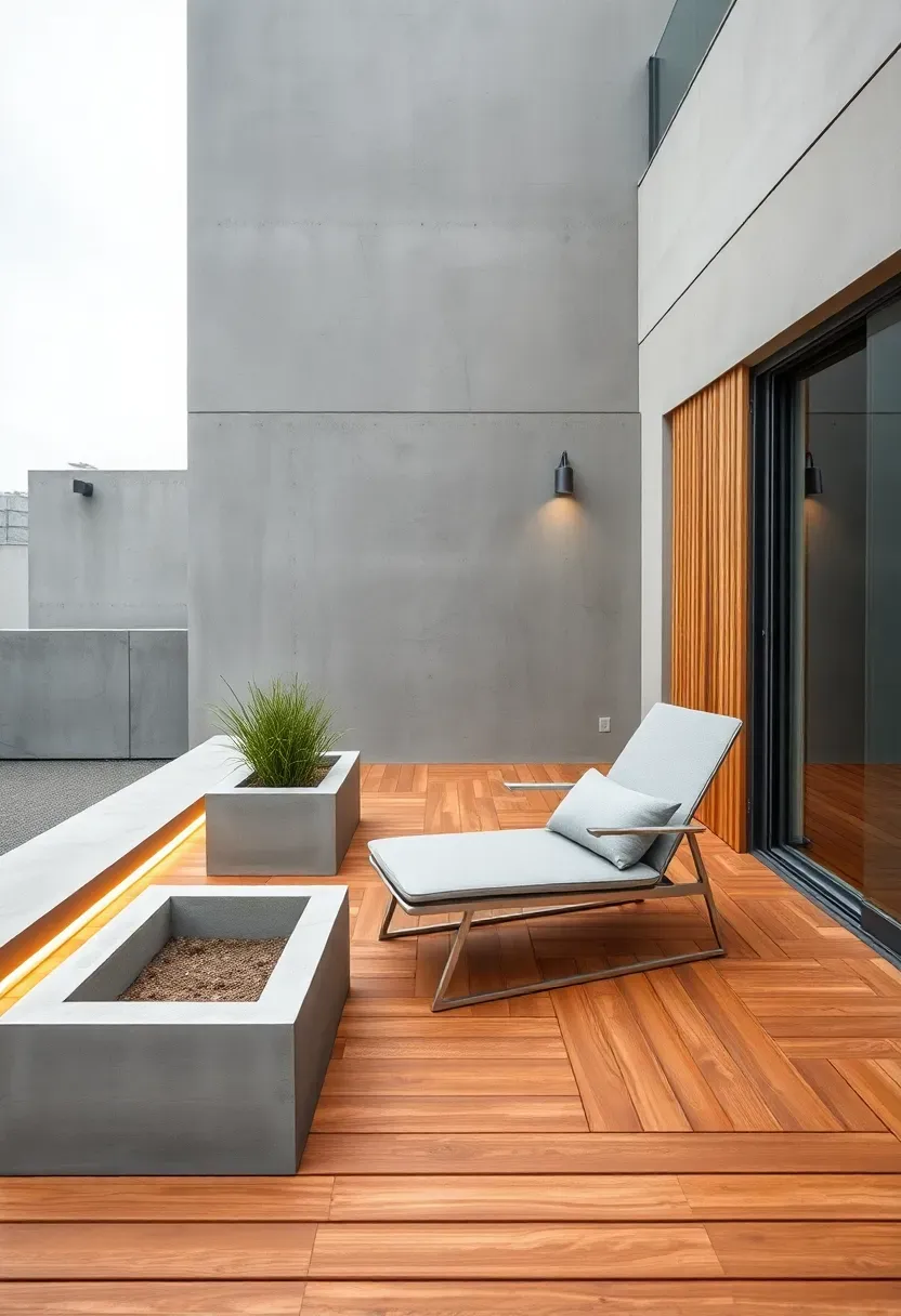Sleek minimalist deck combining poured concrete sections with warm timber slat decking, clean lines, and sparse modern outdoor furniture