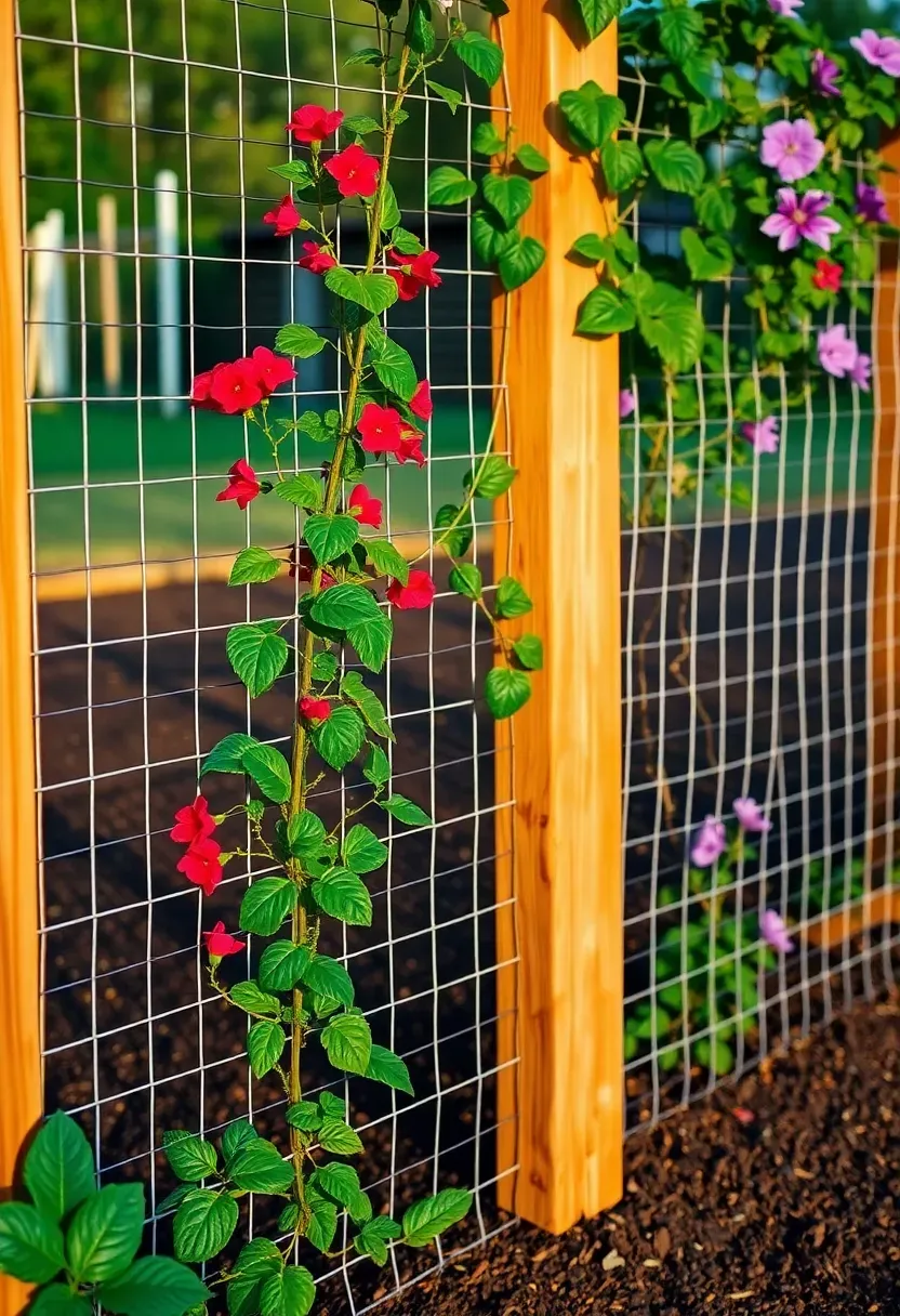 Cattle panel trellis fence with climbing vegetables and flowering vines growing through the metal grid in a backyard garden