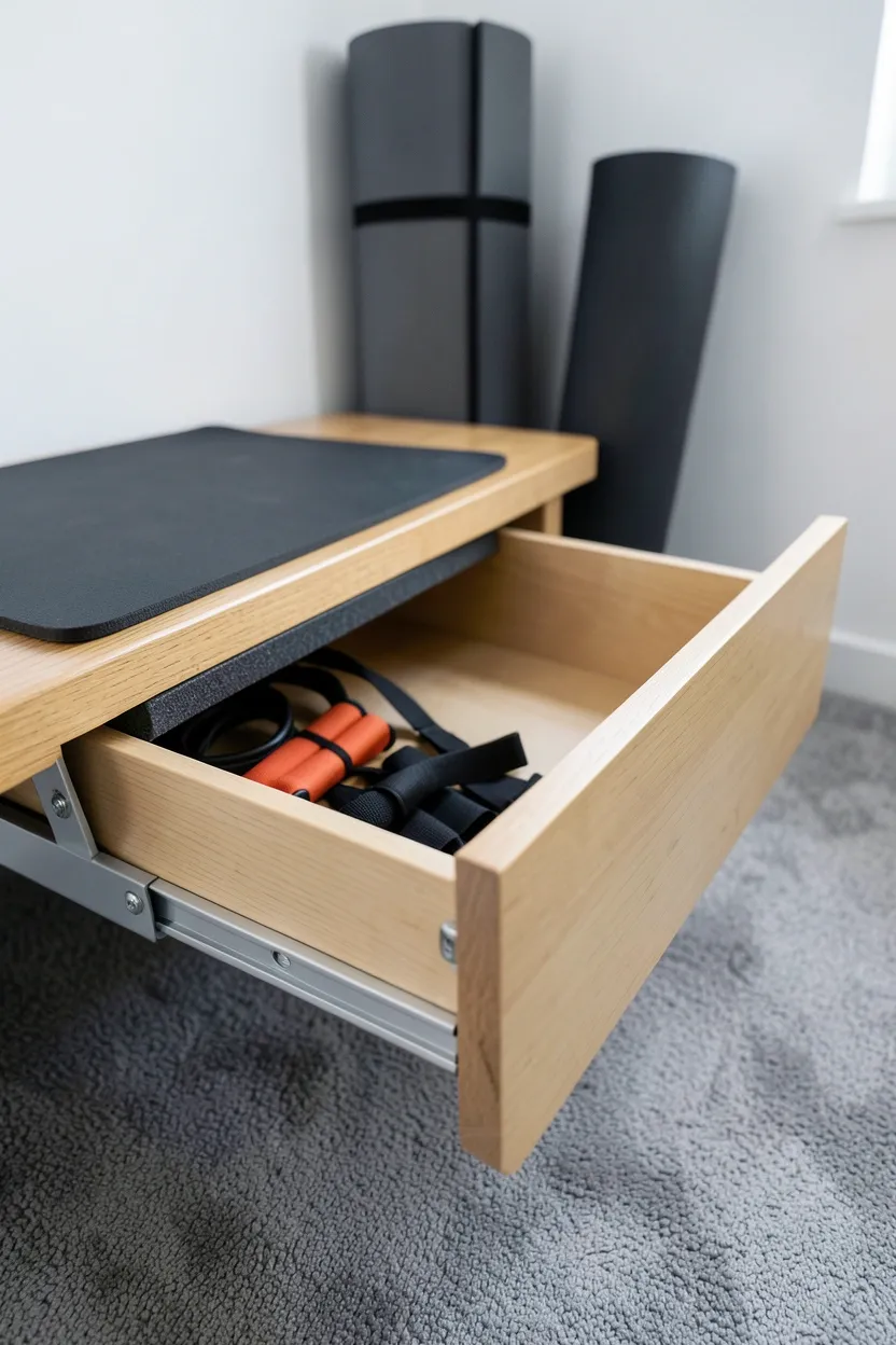 Workout bench with under-bench concealed storage drawers holding resistance bands and accessories — smart gym organization for small apartments