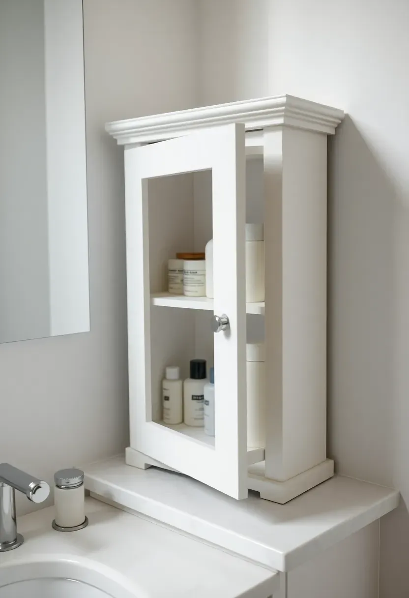 Small white countertop cabinet with a single door open showing organized shelves of bathroom products