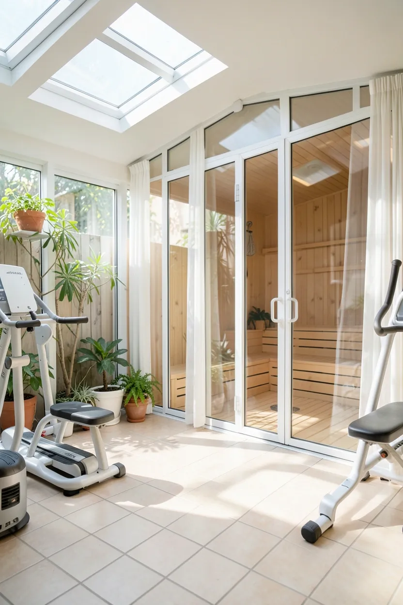 Light-filled sunroom home gym with glass-panel sauna, polished concrete floor, white equipment, sheer curtains, and lush plants for a bright wellness retreat
