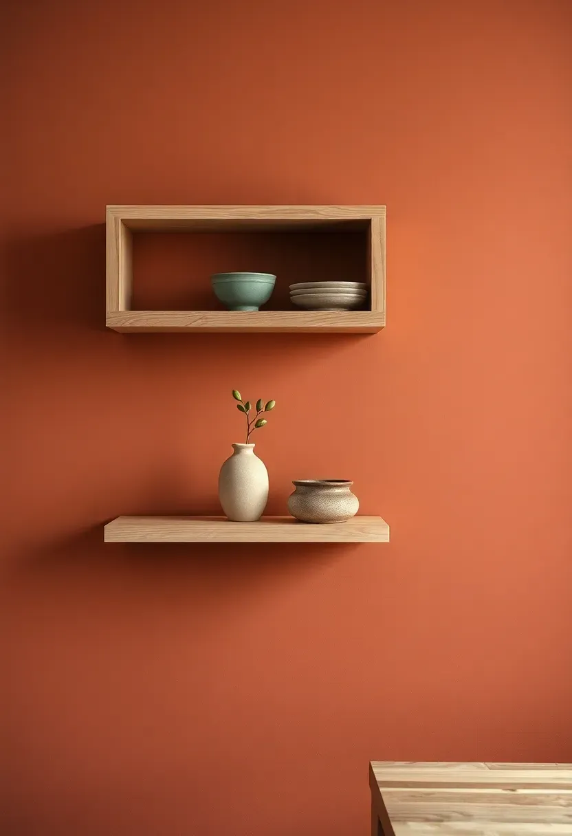 kitchen accent wall in burnished clay paint color with open wooden shelves and ceramic dishes
