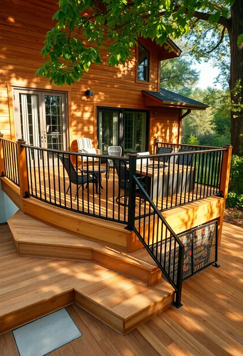 Large wraparound multi-level wooden deck surrounding a two-story home with separate dining and lounge zones connected by wide steps