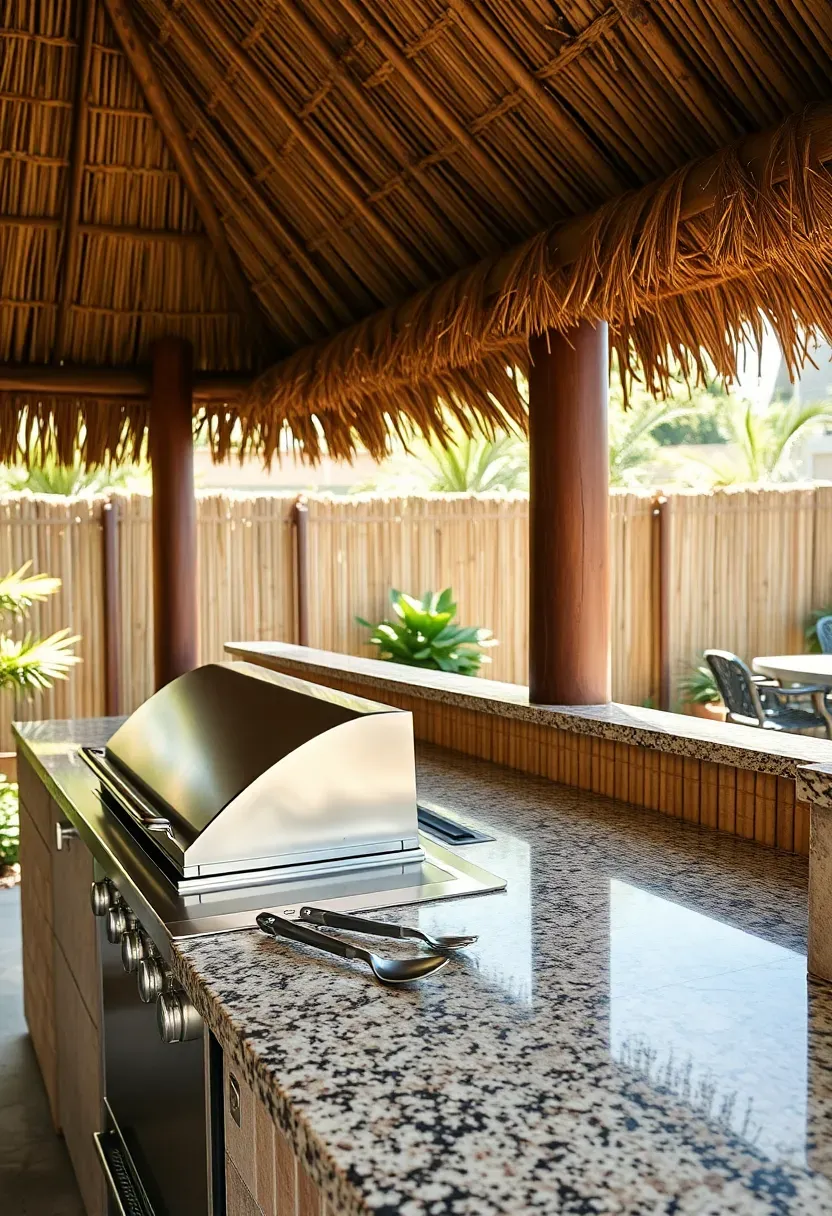 Outdoor tiki bar with a built-in stainless steel grill insert on one end and a bamboo-wrapped serving counter on the other