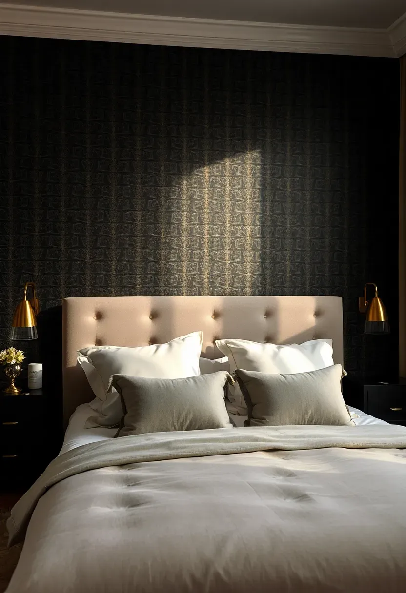 Hyper-realistic 3/4 view of elegant bedroom featuring dark charcoal wallpaper with subtle gold geometric metallic pattern, upholstered bed with cream bedding, brass nightstands. Materials: dark wallpaper with gold metallic geometric design, cream velvet bedding, polished brass fixtures. Warm ambient light catching metallic gold pattern (2700K), soft window light right. Luxurious sophisticated mood, shallow depth of field with wallpaper metallic details shimmering. No text, no logos, no watermarks.</p>