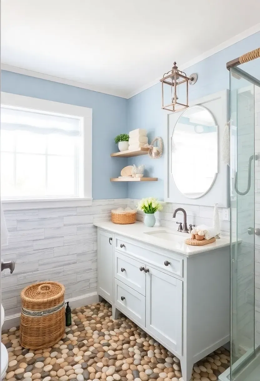 Coastal apartment bathroom with seafoam subway tiles weathered wood shelf and seashell accents on white countertop