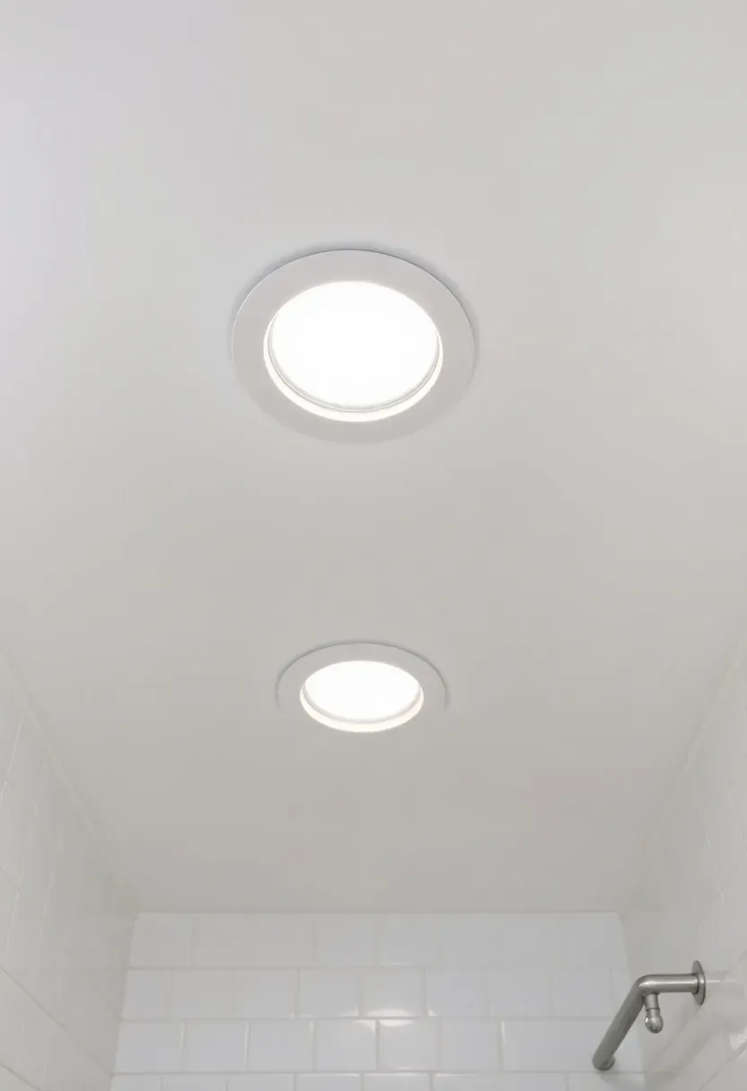 Bathroom ceiling with evenly spaced small recessed LED downlights providing uniform ambient illumination across white tile walls