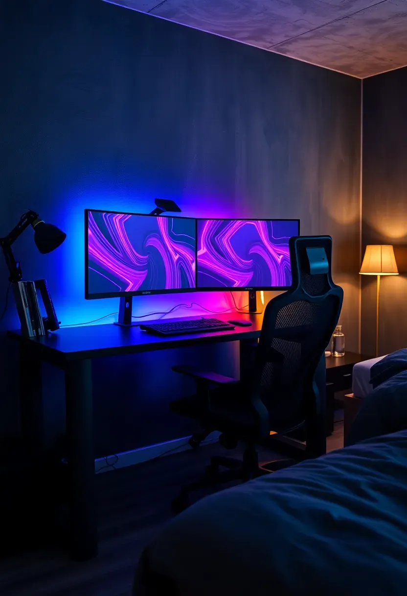 gaming bedroom setup with dual monitors and RGB lighting on dark desk