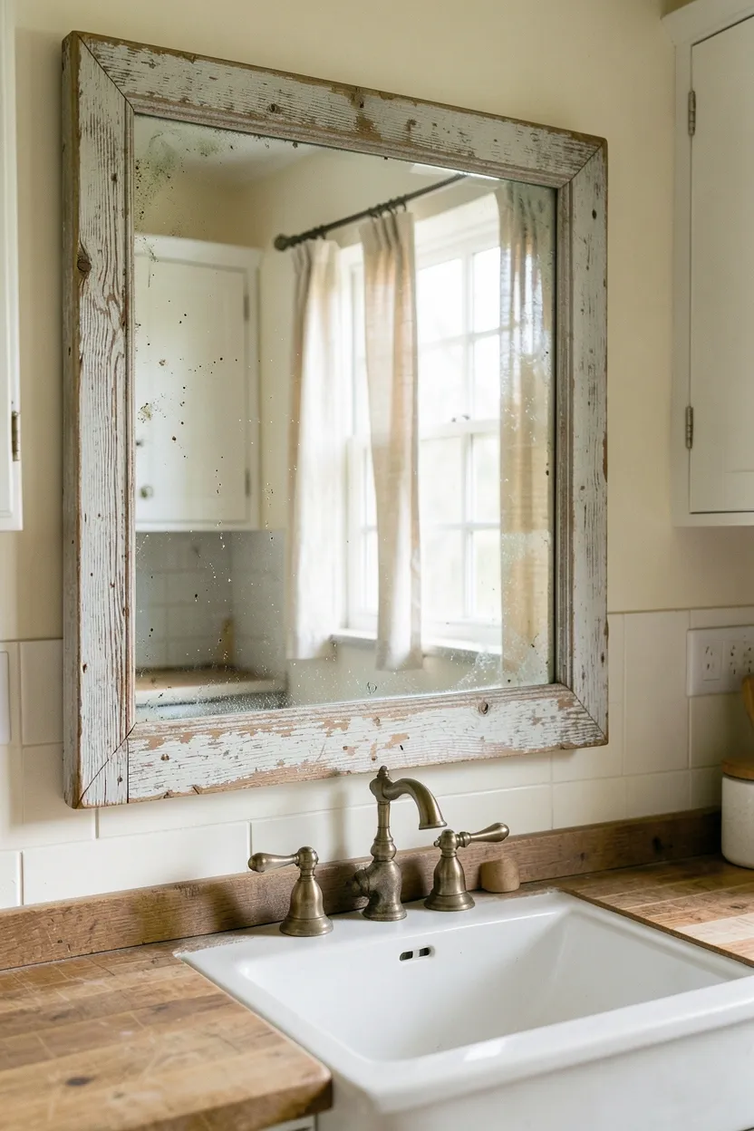 Hyper-realistic eye-level photograph of antique mirror above farmhouse sink. Large rectangular mirror with aged mercury glass showing natural spotting, foxing, and slight distortion in reflection. Visible through mirror: reflection of creamy white walls, white shaker cabinets, and window with linen curtains. Weathered wood frame with visible paint layers showing age and character. Farmhouse sink with vintage faucet below, butcher block counter. Warm natural light from window reflecting in mirror creating bright airy feel. Materials: aged mercury glass, weathered wood, painted white wood, porcelain. Vintage elegant cottage mood. Visible kitchen context - mirror mounted on wall, sink and counter below, reflection showing opposite wall. Natural aging and imperfections visible throughout mirror surface. No text, no logos, no watermarks.</p>