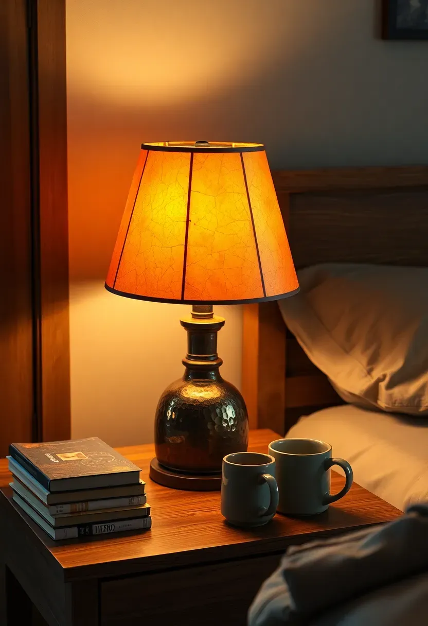 Mica shade table lamp with warm amber glow on an oak side table in a craftsman bedroom