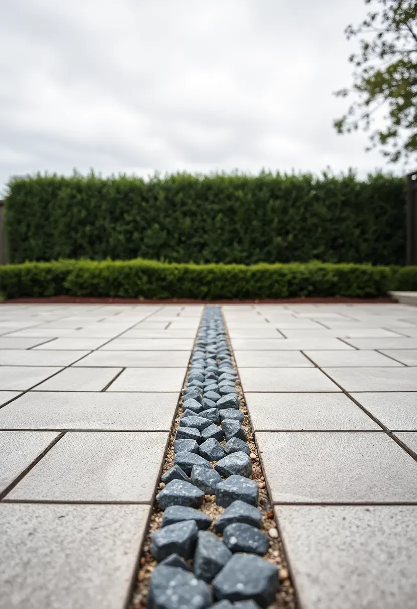 Cobblestone accent strip running through a larger concrete paver patio in a landscaped backyard