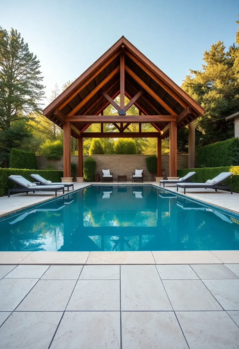 Rectangular swimming pool aligned on a central axis with a timber pavilion at the far end and symmetrical lounge areas flanking both sides of the pool deck