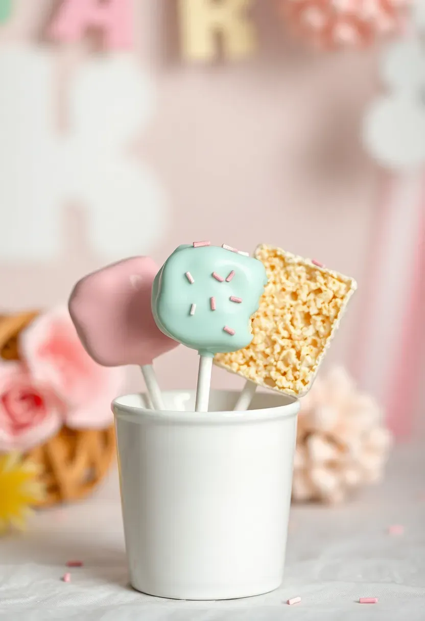 pastel colored rice crispy treat pops on sticks decorated with candy melts and sprinkles for a baby shower