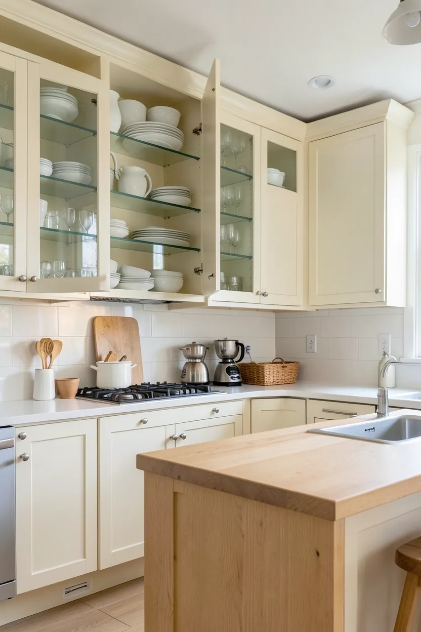 Farmhouse kitchen combining open wood shelving with closed white shaker cabinets for balanced storage and display