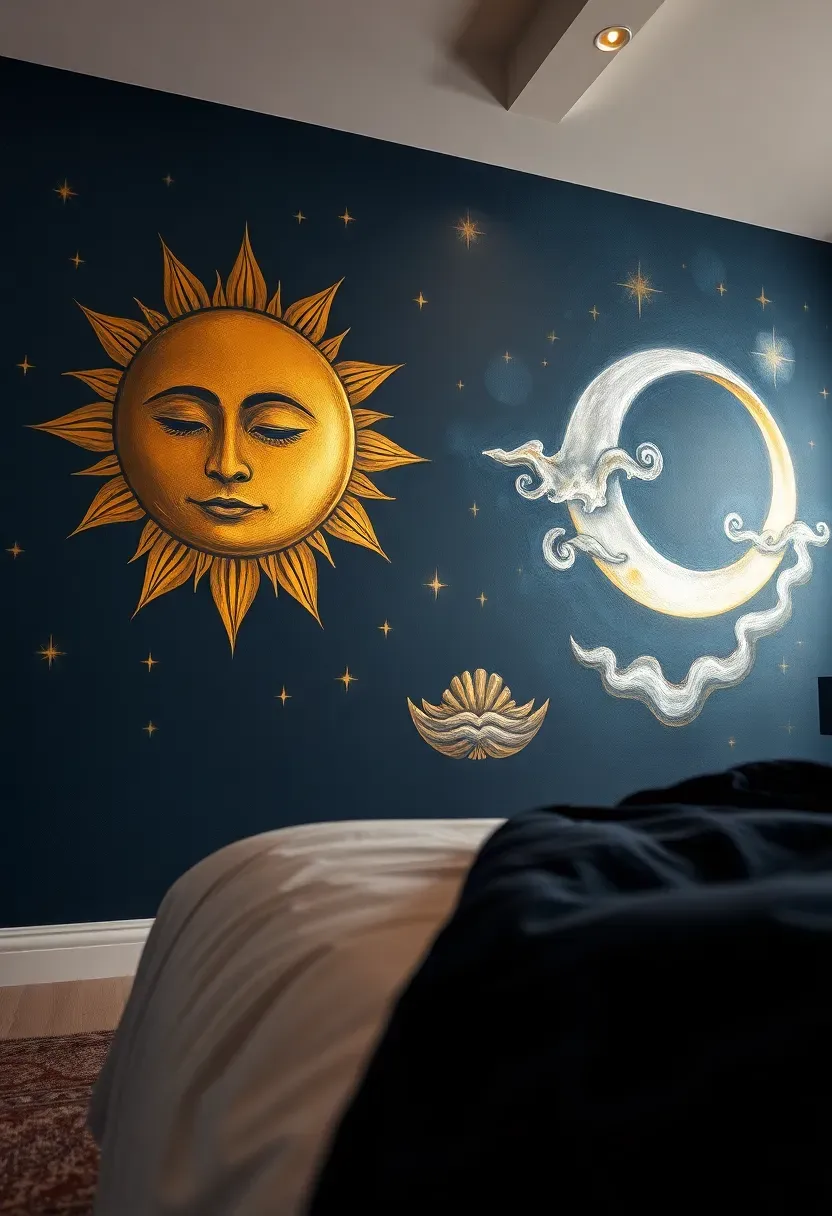 Hand-painted celestial mural on a bedroom wall featuring a large sun and crescent moon with stars on a deep indigo background