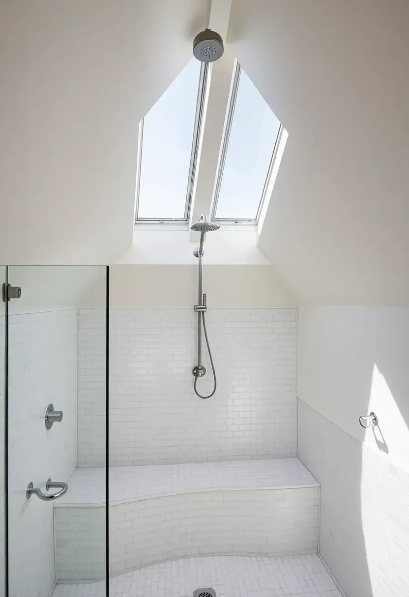 Attic shower spa with two skylight panels in the sloped ceiling over a built-in mosaic tiled bench, rainfall shower head at the peak, and white porcelain mosaic tile throughout