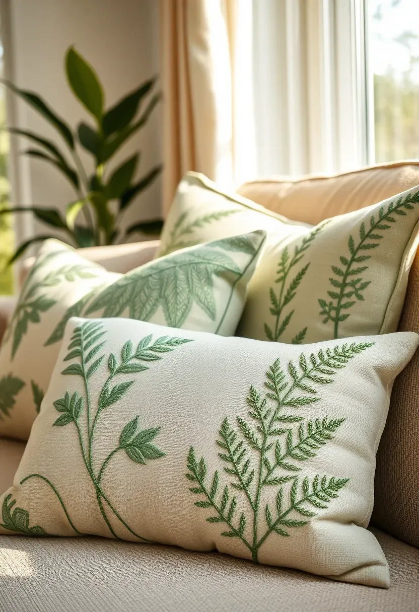 Close-up of a sunroom sofa corner with four embroidered outdoor pillows in botanical leaf patterns, mixed sizes, in sage green and ivory tones