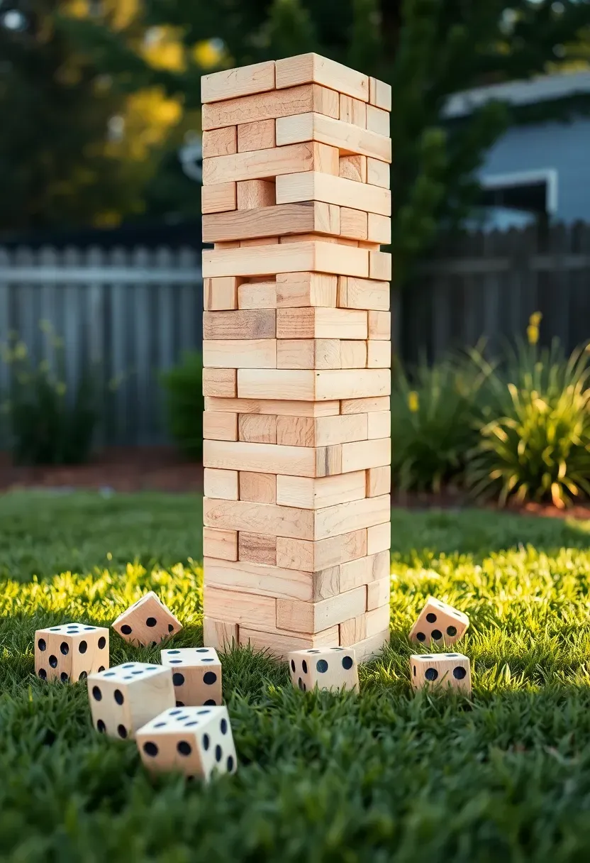 Oversized wooden Jenga blocks stacked on a lawn next to large wooden yard dice at a backyard birthday party