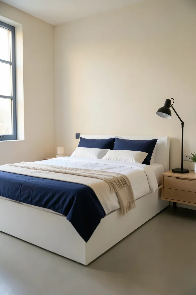 Cream Walls with Blue Patterned Headboard