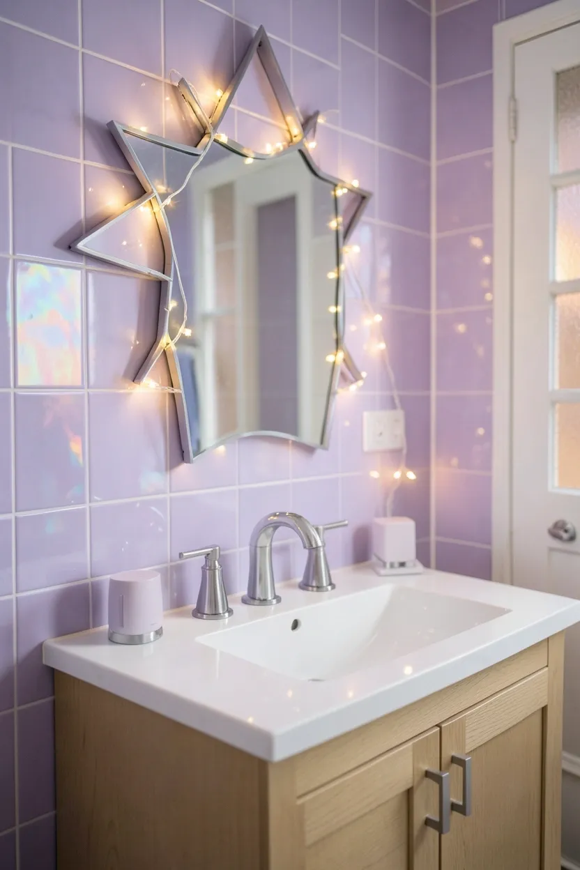 Toca Boca whimsical bathroom with lavender iridescent tiles, fairy lights around mirror, and star-shaped wall decals