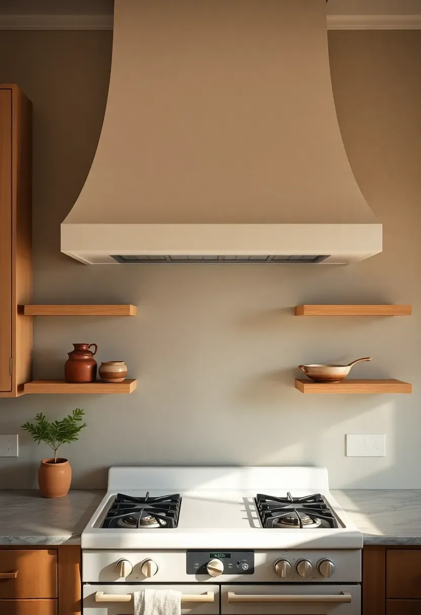 Kitchen with a sculptural concrete plaster range hood as a focal point above a gas range, flanked by warm wood open shelving with ceramic and copper cookware